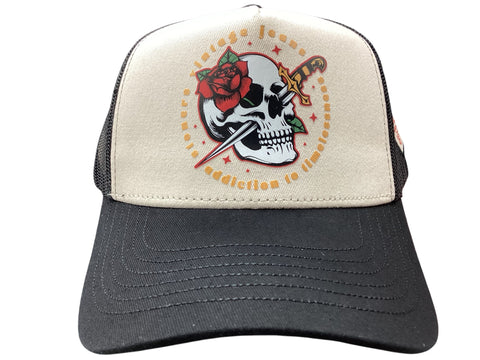 STONERS VINTAGE JEANS SKULL ROSE DAGGER TRUCKER HAT
